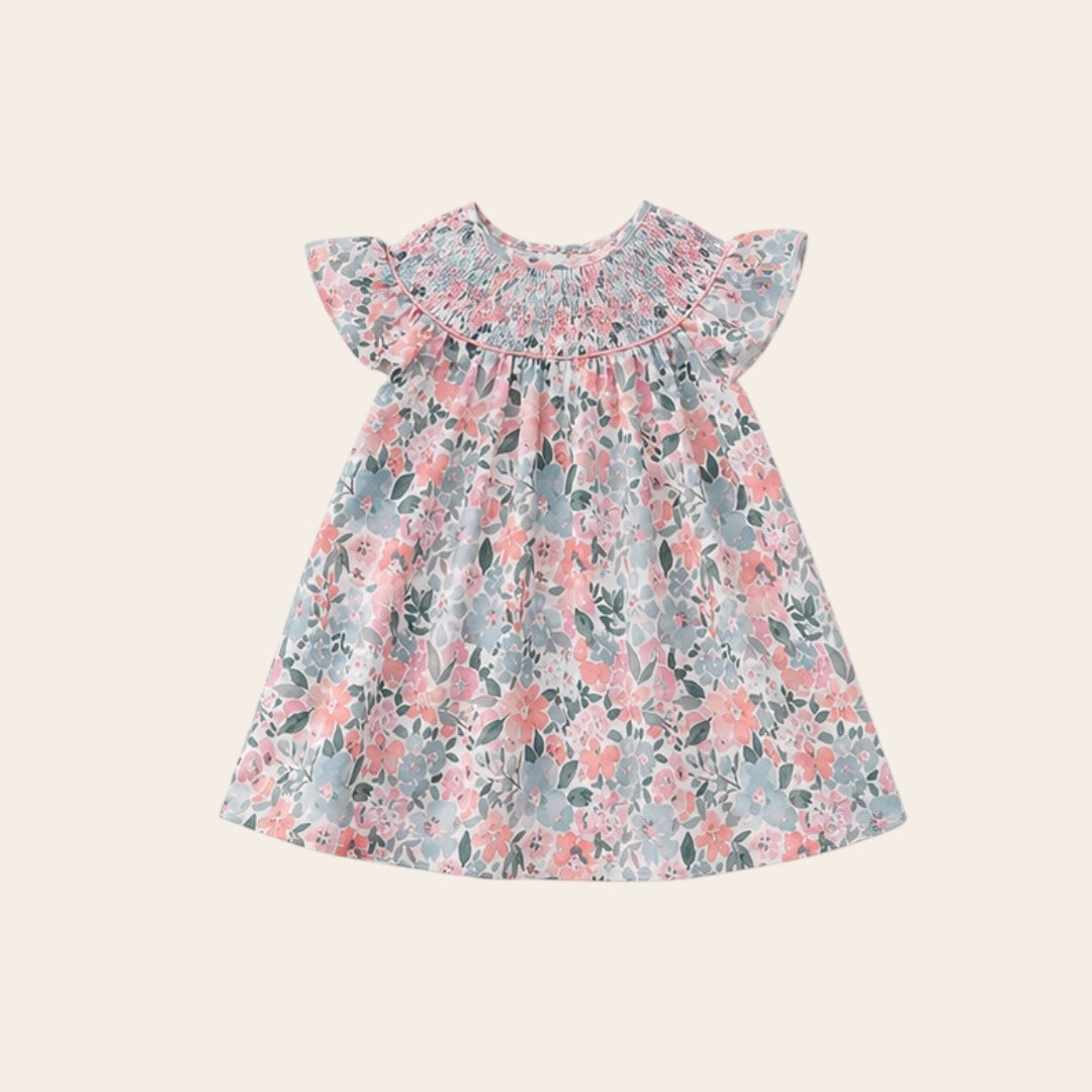 Vestido Floral tonos rosa y azul pastel con Smocking