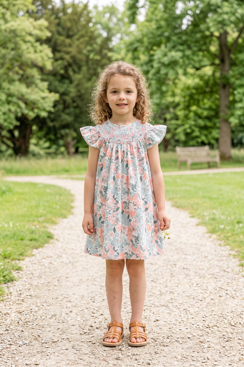 Vestido Floral tonos rosa y azul pastel con Smocking