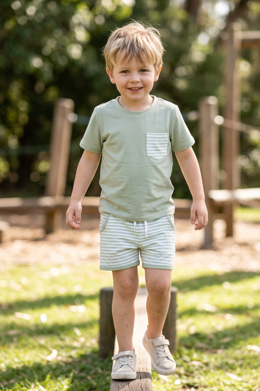 Conjunto T-Shirt Verde Olivo Rayas