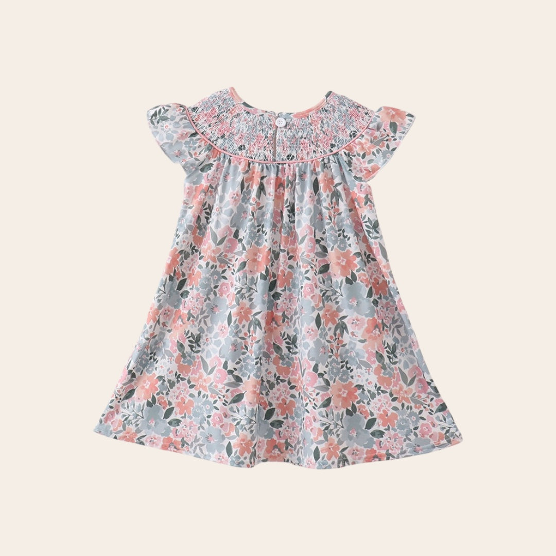 Vestido Floral tonos rosa y azul pastel con Smocking